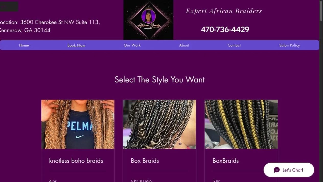 African Beauty Braids online booking catalog with selectable braid styles