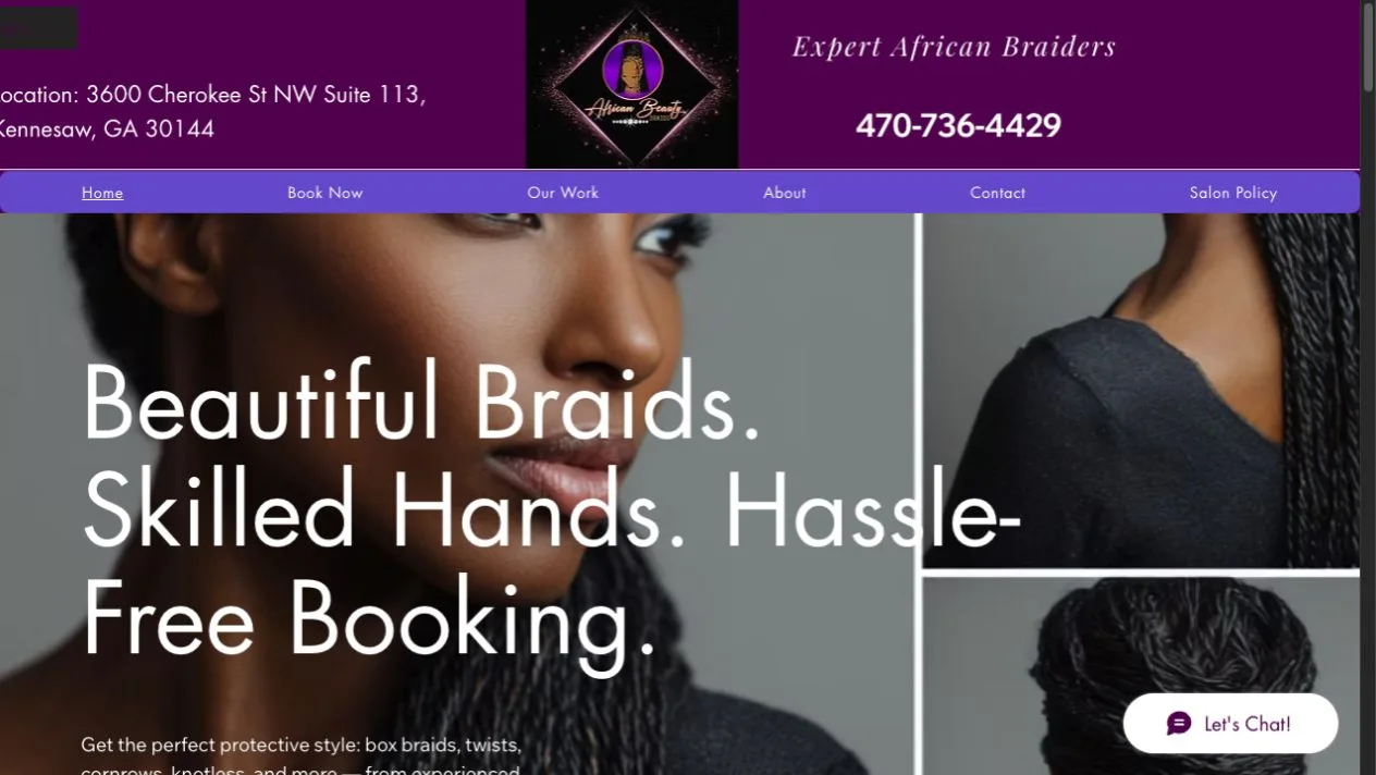 African Beauty Braids homepage emphasizing easy booking and protective styles