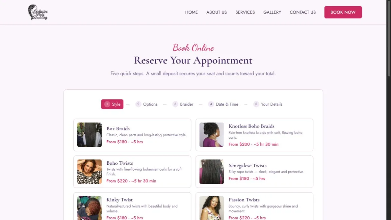 Exclusive Hair Braiding five-step booking interface with selectable styles and duration estimates