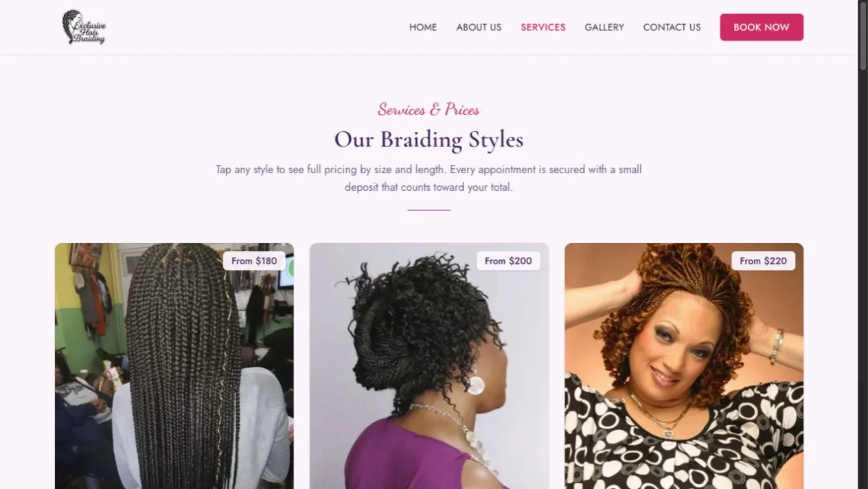 Exclusive Hair Braiding service catalog showing braid styles and starting prices