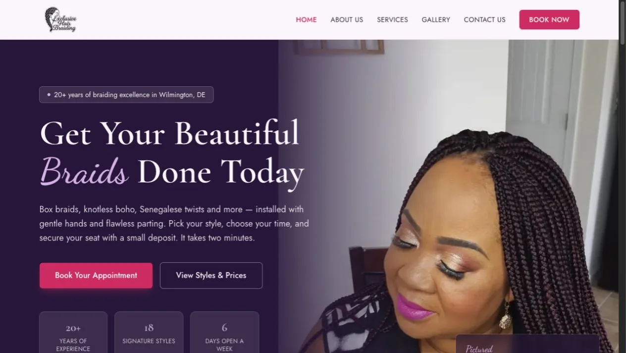Exclusive Hair Braiding homepage with an appointment call to action and service proof points