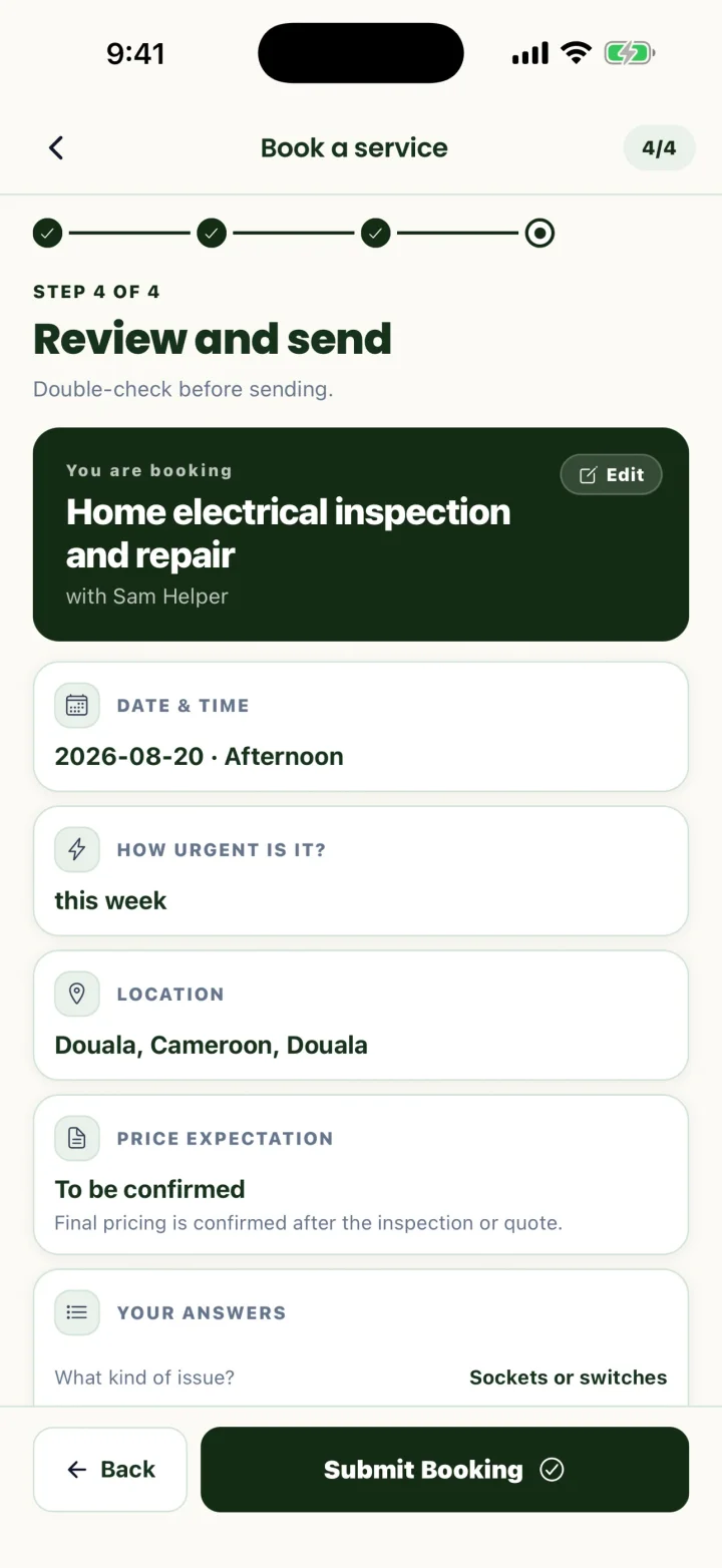 My Helper booking review showing service, time, location, and request details