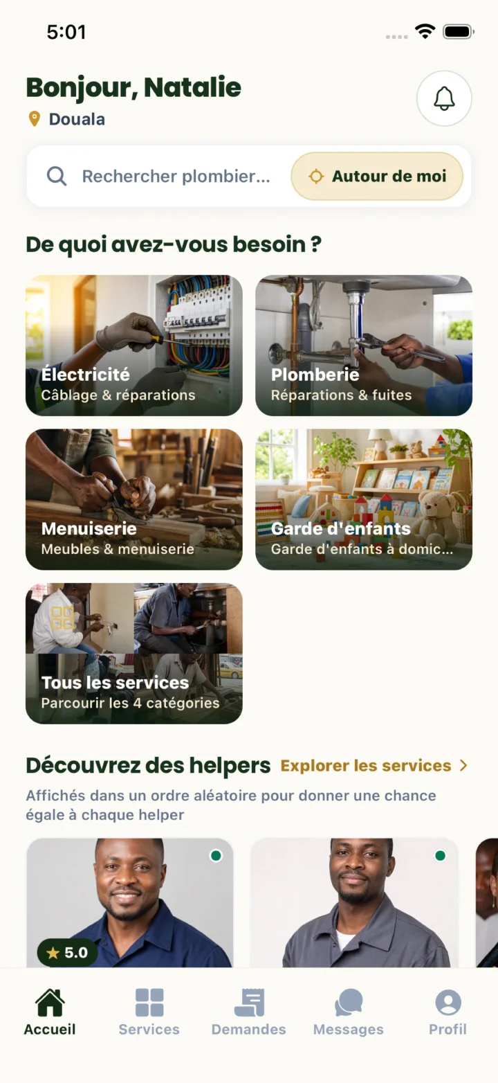 French My Helper home screen in Douala with nearby verified service providers and categories