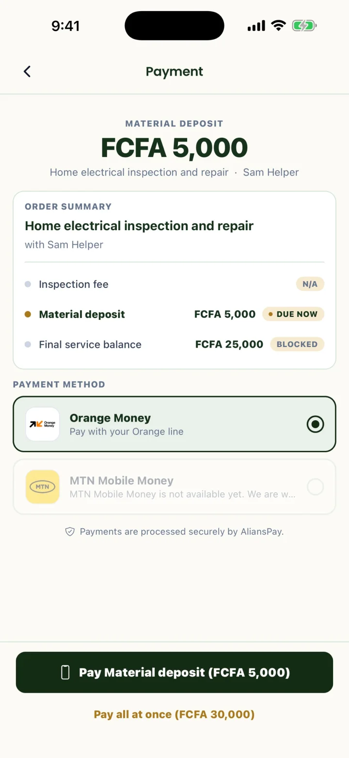 My Helper Orange Money material-deposit payment screen with staged balance states