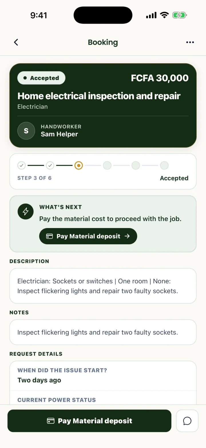 My Helper accepted-booking timeline with the next action to pay the material deposit