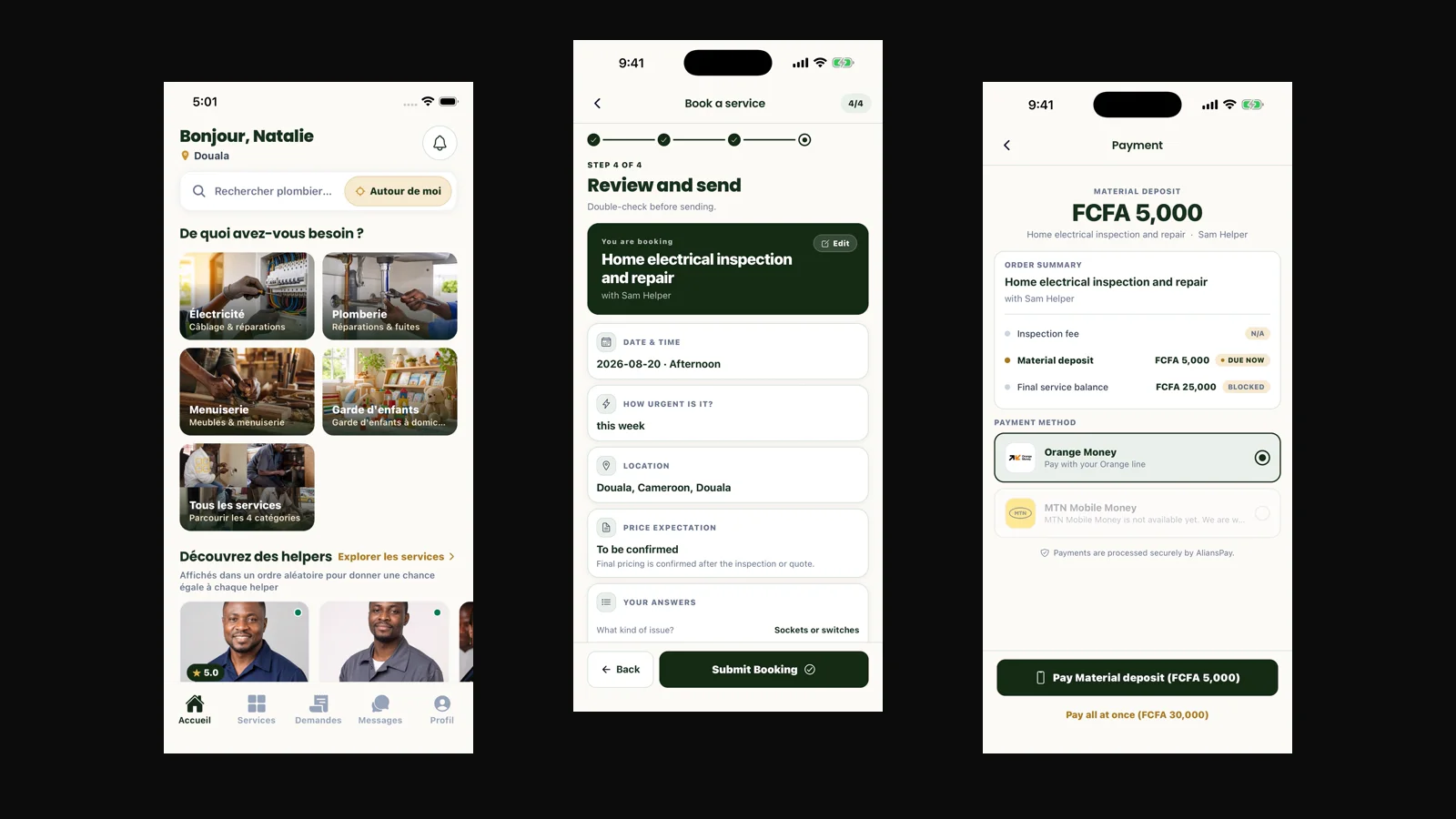 My Helper mobile screens showing bilingual service discovery, booking review, and Mobile Money payment