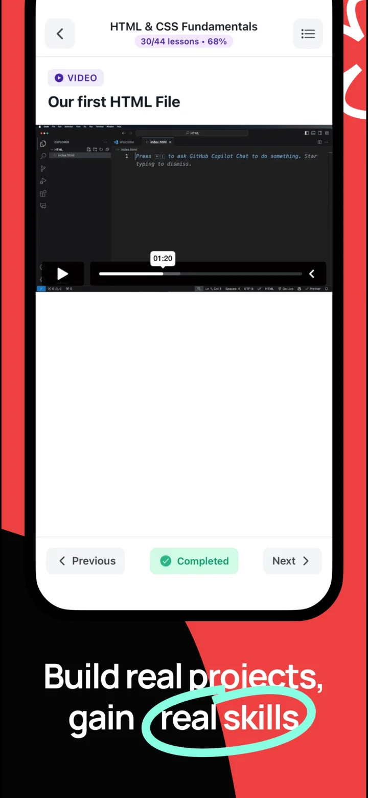 TPU mobile lesson interface with coding video and previous, completed, and next controls