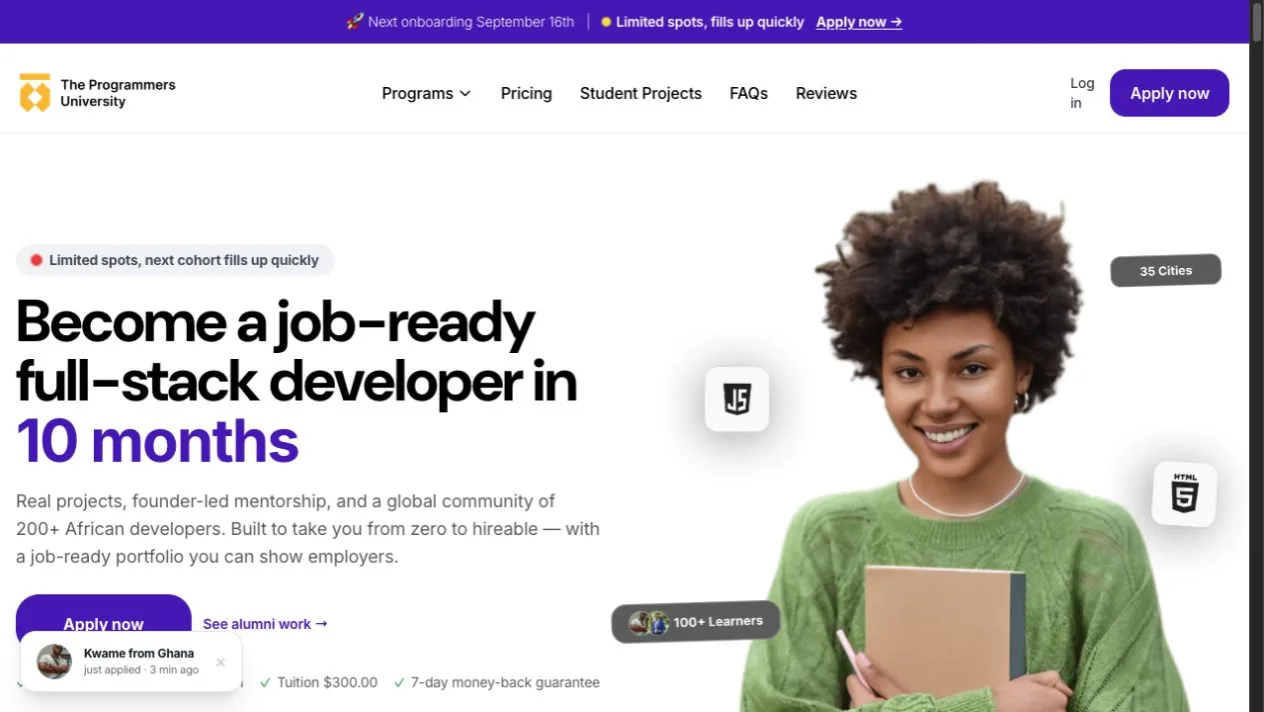 TPU homepage presenting its full-stack program and learner community