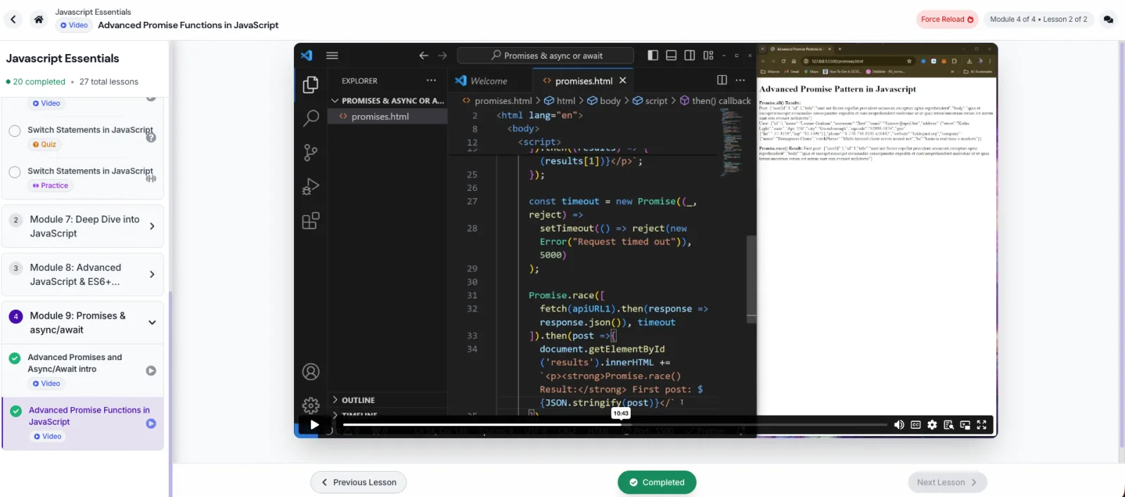 The Programmer’s University lesson player showing a JavaScript Promise lesson and completion flow